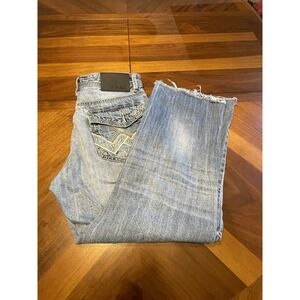 CJ Black Low Rise Boot Cut Jeans 30x32 Distressed Cutoff Thick Stitch Wide Leg